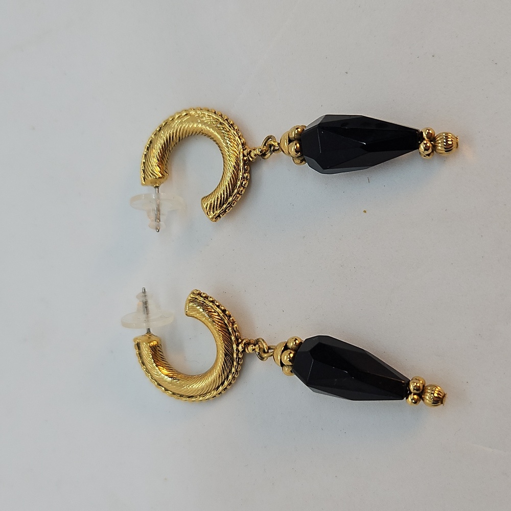 Goldtone Textured Hoops With Black Crystal Pendants